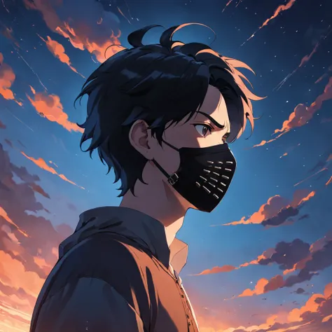 masterpiece, best quality, movie still, 1 teenager male, mature, (((black mask))), side face, black hair, cloud, floating in the sky, close-up, bright, warm soft lighting, sunset, (sparks:0.7)