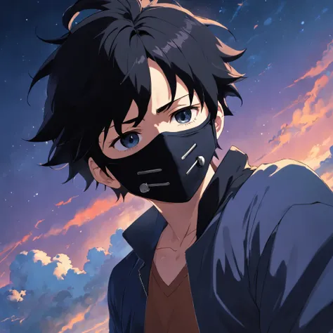 masterpiece, best quality, movie still, 1 teenager male, mature, (((black mask))), side face, black hair, cloud, floating in the sky, close-up, bright, warm soft lighting, sunset, (sparks:0.7)