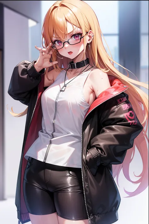 female gamer, ((wet thin white shirt, opened zip fashion wind breaker, hot pants, glasses, earring, necklace, blet, face mask, earphone, cute collar)), (idol charming aura, blur effect, bubble effect, black glowing pupil, arcade style make up, petite, blus...