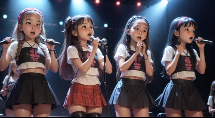 5 girls 10 years old, with long braided hair, cute tops, short skirts, singing into a microphone