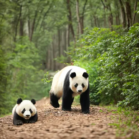 Panda walking in the woods，Trees and bushes in the background, a cute giant panda, Panda, tian zi, panda panda panda, Cute panda, endangered, A handsome, shaxi, Chinese, mu pan, pan ren wei, Zhang Pengzhen, jia ruan, Amazing beauty, ferocious appearance, w...