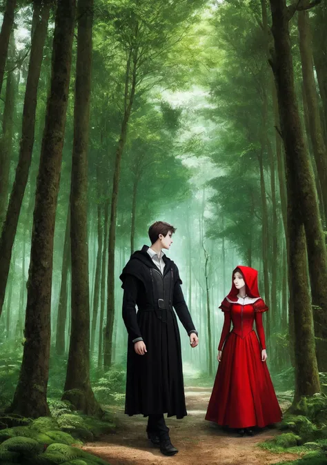 a young man and a woman，quadratic element，Black fairy tale，ln the forest，littleredridinghood