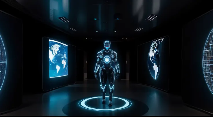 A dark robotic figure surrounded by screens showing locations of the world, realista, hiper realista, detalles intrincados,