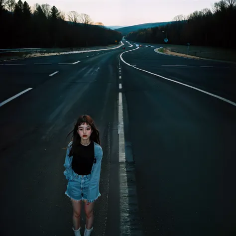 90s flash photo, empty road, beautiful girl, sin front of camera, best quality, masterpiece, raw photo, film photo,   Renhang,