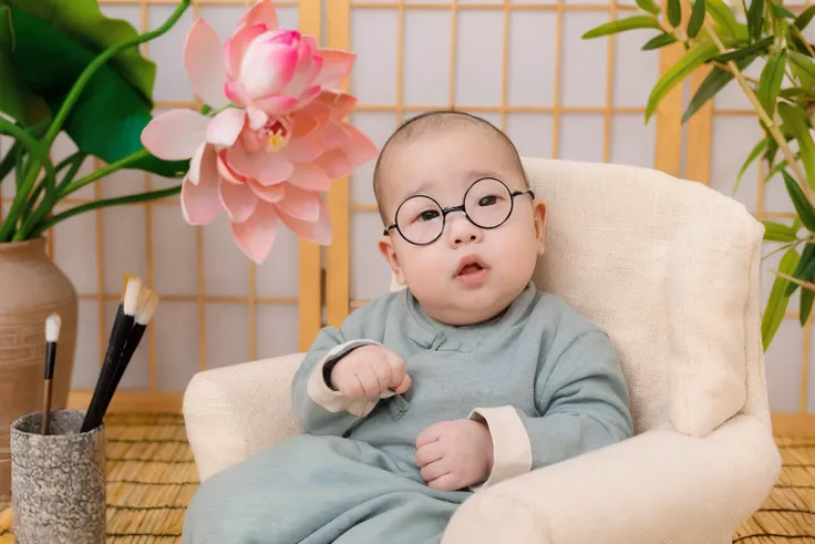 there was a baby sitting in a chair，in the background is a flower, wearing small round glasses, portrait shooting, wearing thin ...