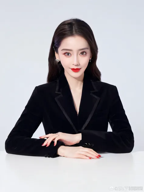 arad woman in black jacket and red lipstick poses for a photo, wearing a black noble suit, dilraba dilmurat, fan bingbing, li zi...