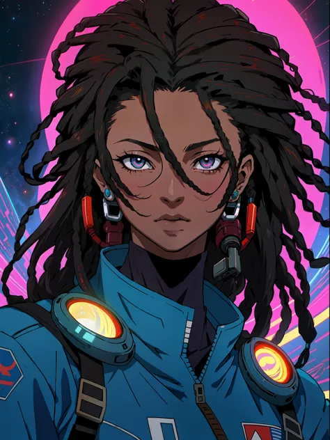 um close up de uma pessoa com pele escura ( pele negra: 1.3)  hair dreadlocks wearing a helmet with a neon light, portrait anime...