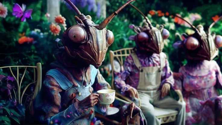 several people in costumes sit on chairs with cups of coffee, weta studios, weta studio, giant bugs, surreal tea party, weta workshop, weta, insectoid, weta disney, weta fx, giant insects, strange giant insects, beeple and jean giraud, magical garden plant...