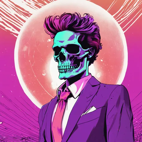 Skull Face with halo floating crown in white suit purple tie with retrowave sunset background, with male hair bun on top