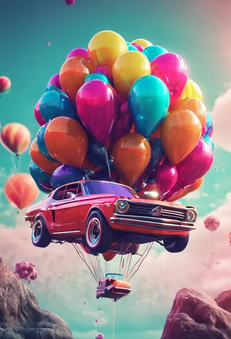 Colorful cars，The balloon floats in the air, concept art inspired by Mike Winkelmann, trending on behance, retro-futurism, style hybrid mix of beeple, in the style of beeple, beeple colors, colorful vivid octane render, cinema 4d colorful render, beeple st...