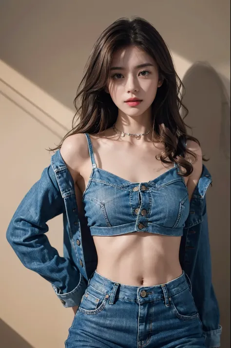 (small tits、tomgirl、small head)、(Clear abs:1.1)、(perfect body type:1.1)、(Wavy hair of middle length:1.2)、reddish brown hair、collars、chain、FULL BODYSHOT、crowdedstreets、Inner sports bra、denim jackets、(shortpants)Put on the)、(Highly detailed CG8k wallpapers)、...