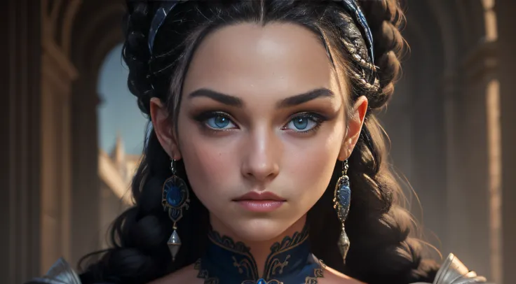 photorealistic, portrait of a wise pretty princess with black braids hair, blue eyes , classic style, looking a the camera. high resolution, high face details, 8k,