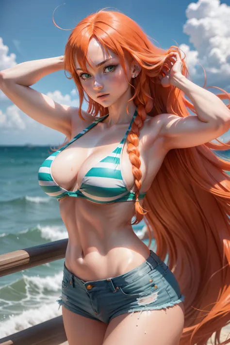 One Piece anime character，Nami，Eastern European mixed sweet face，Preserve character details，，Long flowing orange hair，Wearing a green striped bikini，skintight jeans，Sea backgroun，，pirate ships，ultra-realistic realism, shadowing, anaglyph, stereograms, angl...