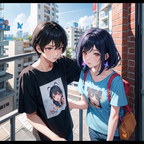 two couple anime, boy & girl they are falling love, cute girl, beautiful face, inner t-shirt, denim jacket, several color flying butterfly, daylight, blue sky, on the balcony, 4k, realistic quality, border frame, dynamic anime , dynamic image, high quality...