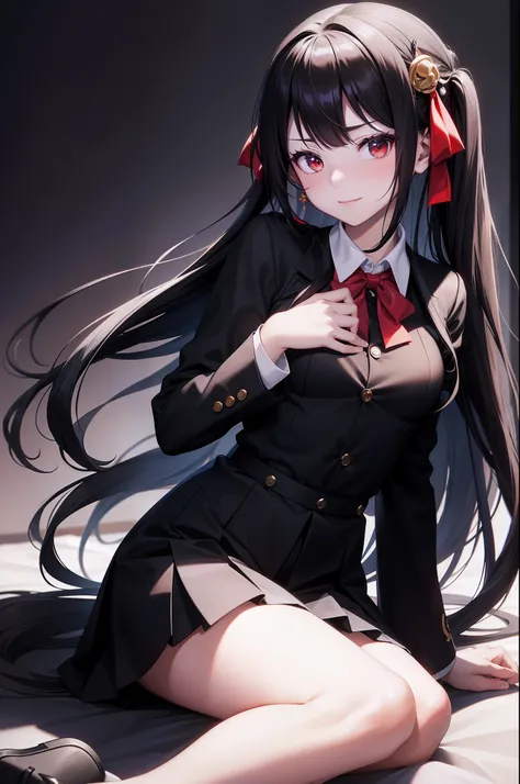 Kaguya-sama: Love Is War art style, kaguya shinomiya, female student council, twin hair ribbon on side of black hair, black japanice student uniform, golden ribbon in-front of chest, long stocking, white shoes, cool and cute aura, smirk face, prefect body ...