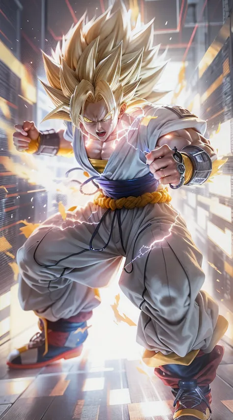 1 transparent Super Saiyan, bust photo，cleanness，glowing bright white, fluorescent lamp，Bright white light，Super bright light，Harsh bright white light，Surrounded by bright lights，white backgrounid，ultra-realistic realism，Go beyond hard drives，high detal，be...