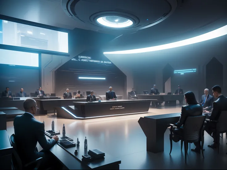 The ethical and legal challenges of Artificial Intelligence in Brazil portrayed by a visual representation of a futuristic court of justice, with robotic judges and human lawyers debating complex cases involving AI, Technological and modern scenery with fu...