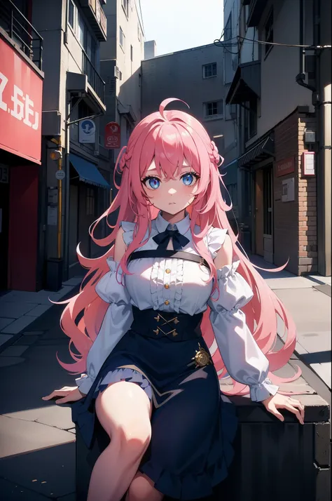 1 21-year-old girl, gold wavy medium long hair, blue eyes, wearing mid-drift sky-blue spaghetti top, white short ruffles skirt, cyberpunk city alley evening, sitting on hood of 2007 pink Subaru WRX, high res, ultrasharp, 8K, masterpiece, looking at viewer