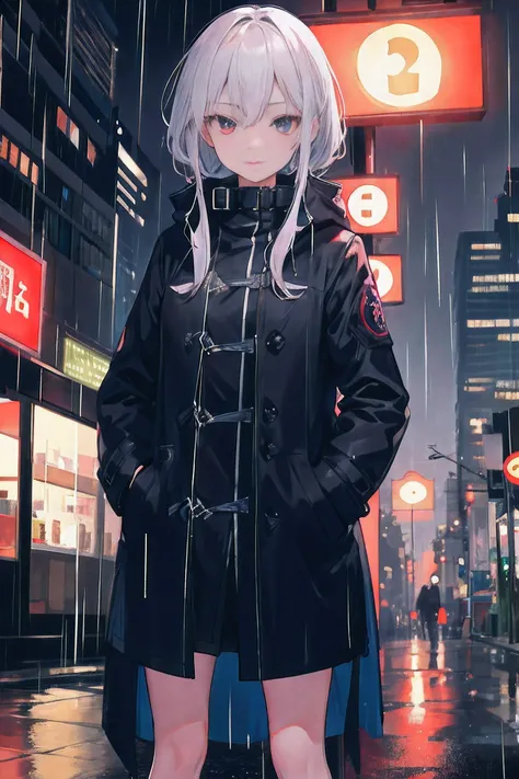 1 girl, night city, rain, coat, hands in pockets