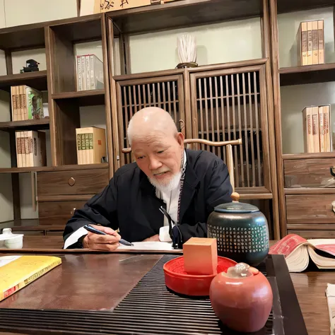 there was a man sitting at a table writing a book, inspired by sesshū tōyō, he is about 8 0 years old, riichi ueshiba, chiba yud...