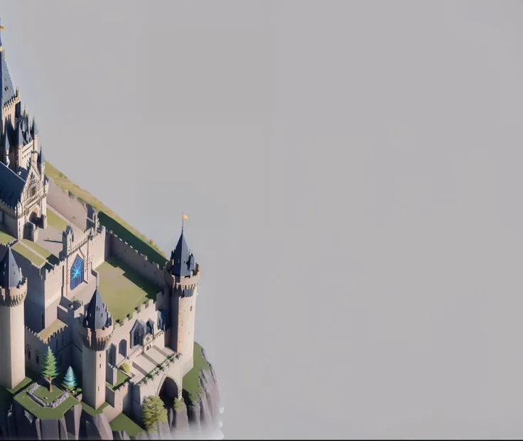 There is a castle with a tower on the hill，There is a clock, isometric view of a wizard tower, Castle background, Isometric 3D fantasy, low poly render, 3d low poly render, 3 d low poly render, low poly render, isometric palace, prerendered isometric graph...