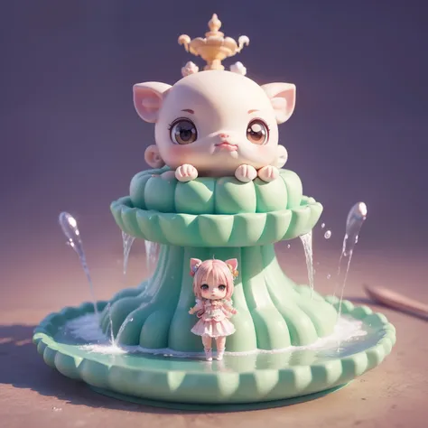 Cute Baby Chibi Anime、(((Chibi 3D))) (Best Quality), (masutepiece)、Pork Chibi、Sharp Claw Pose、A detailed face、Standing、The background is a fountain in fairytale land、Splash