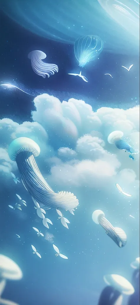 there are many lovely jellyfish floating in the sea，lots of fish, sky whales, dreamlike illustration, blurry and dreamy illustra...