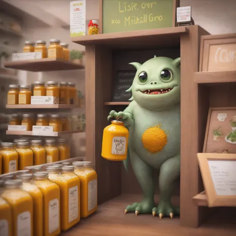 Cute monster holding a display mustard container