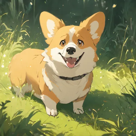 Corgi Chinese illustration movie lighting effects，Corgi sitting on the grass，His eyes were fixed on the screen，Optimize eye detail，Corgi sitting on the grass，His eyes were fixed on the screen，Optimize eye detail，best qualtiy，high detal，best qualtiy，8K, 3Dr...