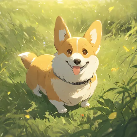 Corgi Chinese illustration movie lighting effects，Corgi sitting on the grass，His eyes were fixed on the screen，Optimize eye detail，Corgi sitting on the grass，His eyes were fixed on the screen，Optimize eye detail，best qualtiy，high detal，best qualtiy，8K, 3Dr...