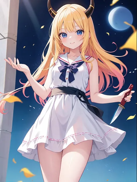 Anime girl with skirt with horn and knife, blonde anime girl with long hair, beautiful anime high school girl, anime style 4 k, Cute anime girl, (Anime Girl), Cute anime waifu in a nice dress, pretty anime girl, Anime visuals of cute girls, splash art anim...