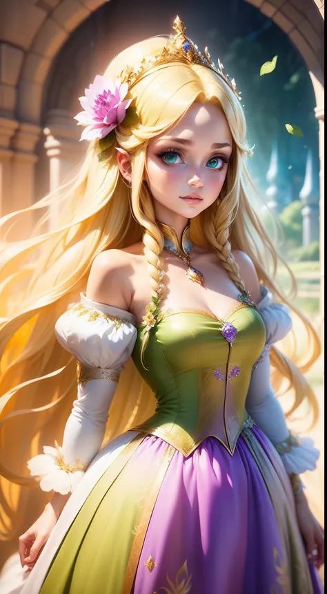 flower princess, rapunzel, beautiful, glowing yellow glow, long blonde hair, green eyes, lilac dress, green ivy, nice young face...