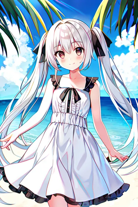 masterpiece, best quality, beach, kasugano sora, happy, bare shoulders, white dress, white hair, twintails, long hair, hair ribb...