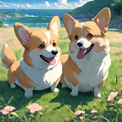 2 Corgi sitting on the grass