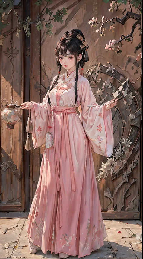 Chinese girl (An ancient Chinese beauty,Chinese style,Jade hairpin, wearing ancient Chinese luna and white gradient clothing,flowing tulle,black hair, princess cut, coiled hair, light pink lips, plump temperament, gorgeous long dress) ，The background is a ...