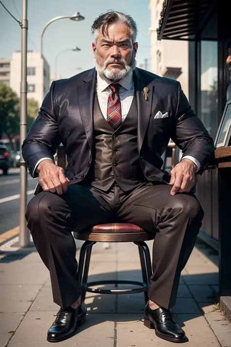 55-year-old middle-aged man，Man，grampa，Height 195，Asian people，Step on the chair，God perspective，The eyes are about to face each other，Chinese men，musculature，Lift one foot，Wearing a brown suit，Red plaid tie，black greatcoat，Black socks，Brown oxford shoes，C...