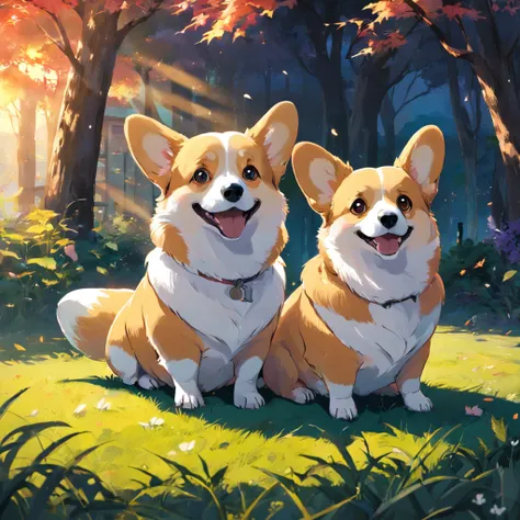 2 Corgi sitting on the grass