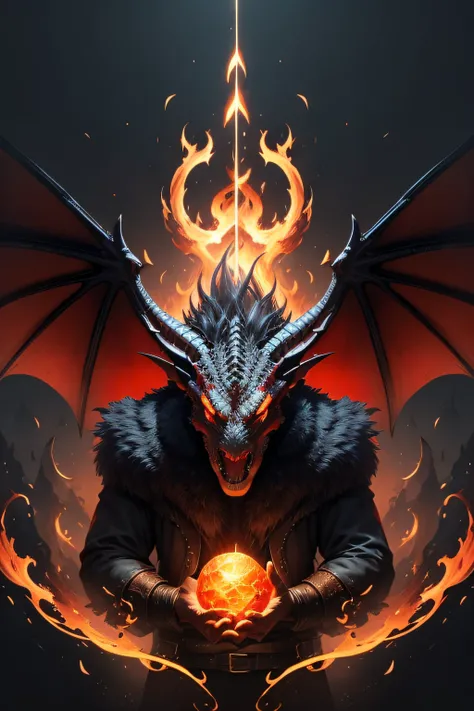 The head of a dragon，wings（Demons wings，Flame-entwined wings，Huge wings unfolded