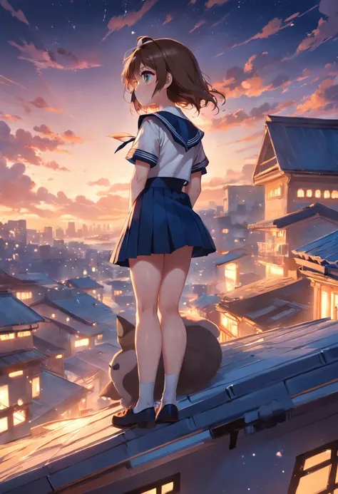 Sailor suit maiden，Sit sideways on the rooftop，Short brown hair