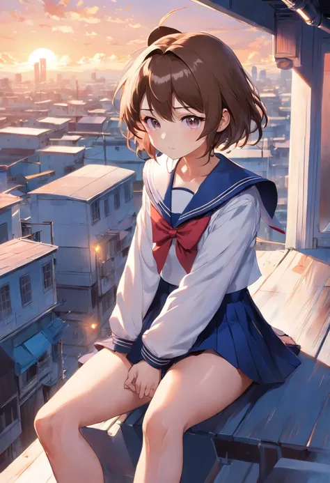 Sailor suit maiden，Sit sideways on the rooftop，Short brown hair