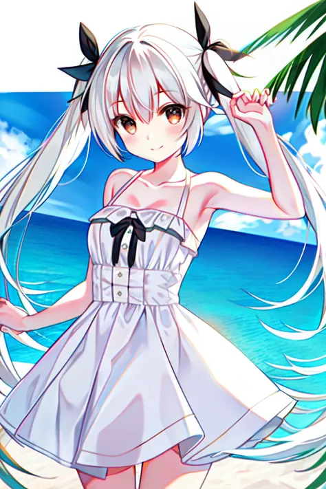 masterpiece, best quality, beach, kasugano sora, happy, bare shoulders, white dress, white hair, twintails, long hair, hair ribb...