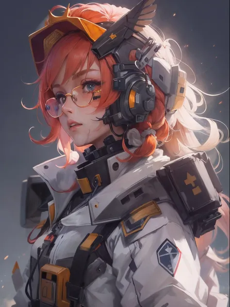 ((Best quality)) , ((Masterpiece)) , (Detailed) , flat [Mecha|Sad] Corsica (1 female, whitewing, Dirty:1.2) Drive a rocket ship, Red hair, Cartoon crown braid hairstyle, Hostile glasses chains, clear skies, FOV 90 degrees, ultra fine detailed, Romantic, DT...