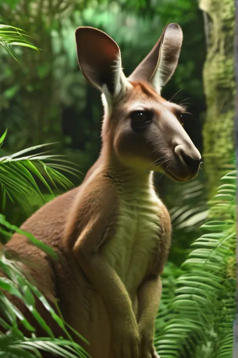 Kangaroo High nation-geographic symmetrical close-up portrait shoot in green jungle of an expressive Kangaroo, anamorphic lens, ultra-realistic, hyper-detailed, green-core, jungle-core –ar 16:9 –q 2 –v 5 rtx on --ar 73:128 --s 750 --v 5. 2