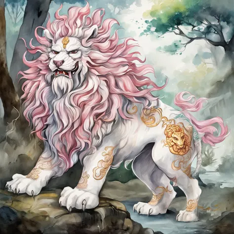 Nian Beast，The evil beast of Chinese folk mythology and legend，Shaped like a hybrid of a lion and a dog，Huge size，Firstborn unicorn，He has snow-white fur，Pink and white footprints appear everywhere they go, Handsome，Mountain and Sea Sutra，Dont have charact...