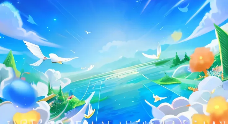 There is a painting of a bird flying over the lake, A beautiful artwork illustration, background artwork, dreamlike digital painting, blurry and dreamy illustration, Sunny day background, paradise background, 4 k hd wallpaper illustration, Magnificent back...