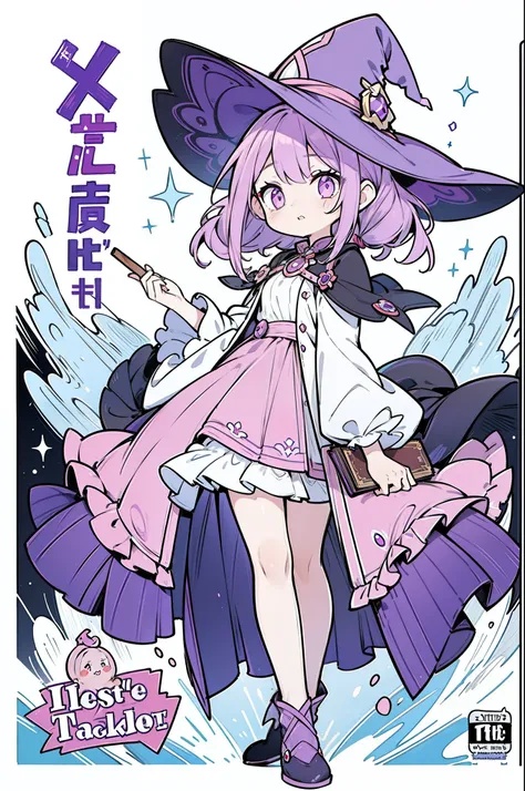 1 girl in、((Cartoon cover、Cartoon title))、(One point purple)、From head to thigh、​masterpiece、Top image quality、top-quality、Purple hair、witch outfit、witchs hat、Pink eyes、cute little、Human ear、２Book Legs