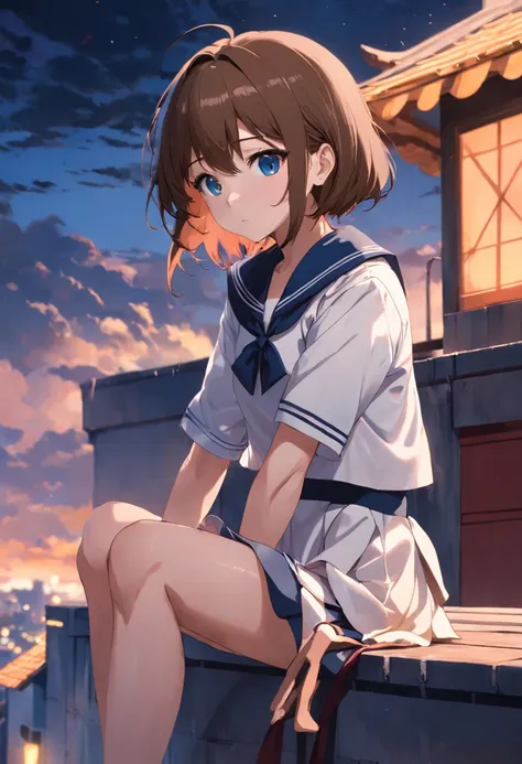 Maiden in a sailor suit，Sit sideways on the roof，short brown hair