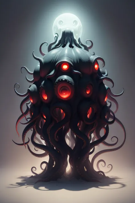 Monsters of Cthulhu，Strange creatures that live on fear，uncanny，eerie，In addition to the head, there are many tentacles，Looks like an octopus。There are no human characteristics。Full body photo。Solid white background，The main color of the creature is black，...