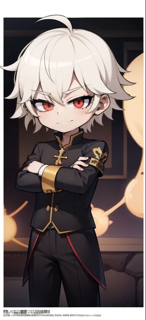 One Boy。Chibi Chara。1 head body。Anime character with blond hair and black suit and white shirt, keqing from genshin impact, a handsome man, Key Anime Art, nefarious smirk, , roguish smirk, Official art,