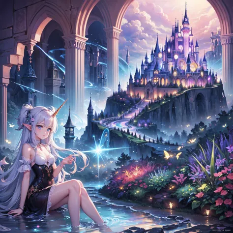 (Masterpiece, Best Quality: 1.3), (16k, High Resolution: 1.3), (Dreamland: 1.5), Togenkyo, Crystal Castle, Glass Castle, Crystal, Unicorn, Rainbow, Princess, Fairyland, fireflies, fairy dance, elf, beautiful teenage girl, transparent skin, cinematic light,...